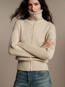 Anewsta Essential Cardigan de Tricô de Gola Alta Estilo Francês de Alta Qualidade para Mulheres - Caqui - Visão 4