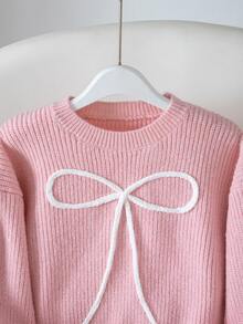 SHEIN Girls' Pink Fashionable Bow Pattern Jacquard Knit Pullover Sweater Long Sleeve Top - Pink - View 4
