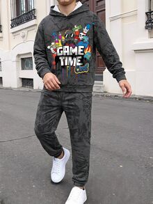 青少年男孩休閒簡約長袖連帽舒適衛衣2件套，適合秋冬，卡通圖案 - 彩色 - 查看 3