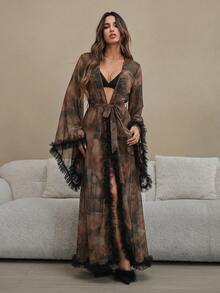 HautHeat Women's Tie-Dye Contrast Mesh Frill Trim Loose Long Nightgown - Coffee Brown - View 1