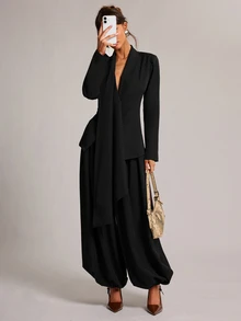 SHEIN BAE Women's Solid Color Casual Versatile Daily Wear Suit Lantern Pants - Black - View 4