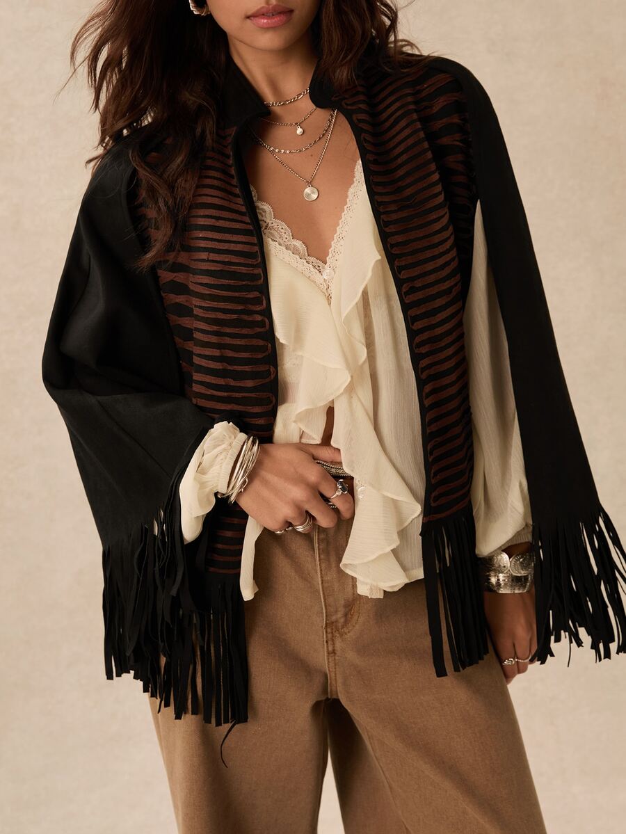 Easelle Jaket Tanpa Lengan Gaya Bohemian Vintage dengan Rumbai Napoleon, Potongan Longgar dan Pas. - Hitam - View 1