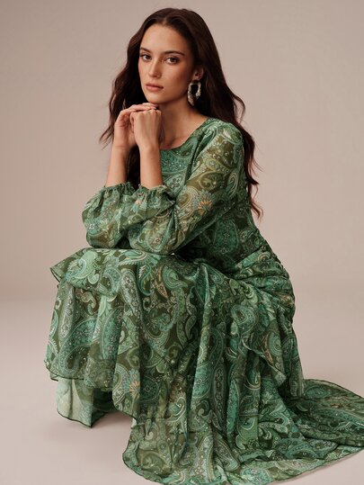 BELROSIE Women's Dress A-Line Chiffon Ruched Waist Tiered Ruffle Crew Neck Long Sleeve Vintage Elegant Boho Green Paisley Elegant Long Dress Holiday