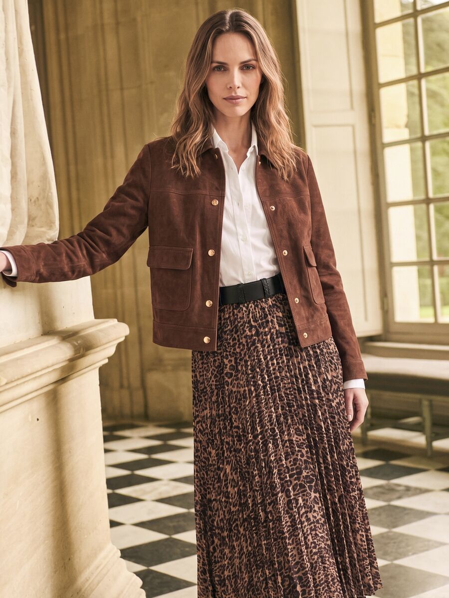 Dayvera Women's Autumn/Winter Short Structured Brown Suede Jacket, Long Sleeve Coffee Color Minimalist Old Money Style Versatile Jacket - Brown - View 1