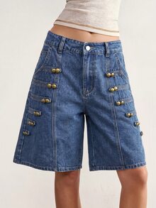 Bohemela Women's Napoleonic Military-Inspired Denim Shorts For Fall, Featuring A Vintage Wash And A Blend Of '70s, '90s, And Y2K Streetwear Styles / Blue - Blue - View 4