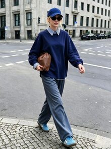 Struktiv Casual Striped Collar Mock Layered Sweatshirt Oversized Long Sleeve Pullover Top For Women - Navy Blue - View 3