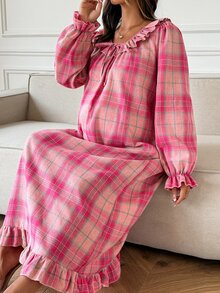 DAZY Plaid Loose Long Dress With Ruffle Hem, Casual Everyday Korean Style For Young Women, Spring/Autumn Maternity Dress - Pink - View 7