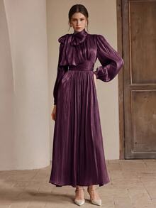 Anewsta Women's Long Grey-Green Dress, Spring/Autumn Style, Ruched Waist, Shiny Fabric, Elegant And Versatile - Purple - View 3