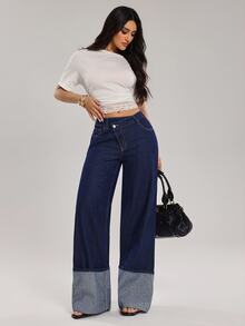 SHEIN Tall 女款時尚通勤不對稱腰線牛仔褲 - 深色水洗藍 - 查看 6