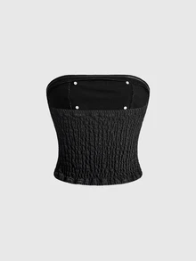 ROMWE Autumn Y2K Napoleon Double-Breasted Metal Button Decor Vintage Washed Back-Lace Denim Tube Top For Women, Suitable For Parties, Music Festivals, Valentine's Day And Daily Wear - Black - View 2