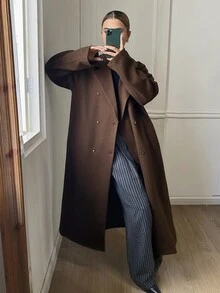 DAZY Brown Lapel Double-Breasted Loose Oversized Overcoat Jacket For Women, Casual Autumn/Winter - Coffee Brown - View 4