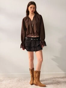 Willow Rêve Women's Brown Fitted Short Chiffon Blouse, Lace Trim With Tie V-Neck Raglan Sleeves, Solid Color Vintage Romantic Bohemian Style, Suitable For Autumn Vacation And Party Outfits - Brown - View 4
