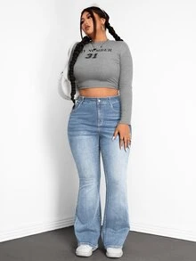 SHEIN PETITE CURVE بنطلون جينز واسع الساق بأزرار وجيوب متعدد الاستخدامات للمقاسات الكبيرة - الأزرق - مشاهدة 6