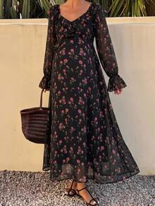 Dazy Maternity Full Ditsy Floral Ruffle Trim Long Sleeve Elegant Vacation Korean Style Spring Autumn Maternity Dress - Black - View 5