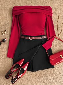 Grovea Red Cold Shoulder Long Sleeve Top With Black Belt Skorts Set Night Autumn Elegant Sexy Fall Brunch Morning - Multicolor - View 1