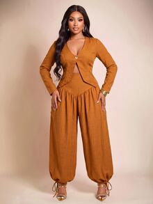 Brilight Textured 2 Pieces Set V Neck Crop Blazer Drawstring Wide Leg Pants Elegant Outfit For Teachers' Day Daily Office Corporate Rust Brown Autumn - Burnt Orange - View 12