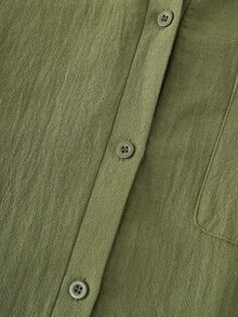 LUMIGAL Vintage Casual Bohemian Style Olive Green Faux Linen Single Pocket Button Front And Front Slit Long Slim Shirt Dress - Olive Green - View 4