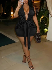 Slaydiva Summer New Elegant Party Sexy Vacation Beach Backless Ruched Twist Knot Apricot Shiny Ice Silk Plus Size Mini Dress For Women - Black - View 4