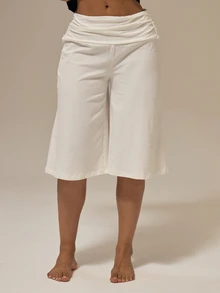 MUSERA ESSENTIALS Ruched Detail Wide Leg Capri Trousers Summer Girly Everyday Loungewear - White - View 2