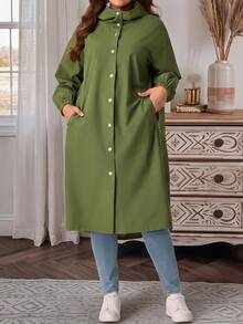 EMERY ROSE Plus Size Solid Hooded Button Front Long Sleeve Trench Coat With Pockets Fall Winter 2026 - Army Green - View 6