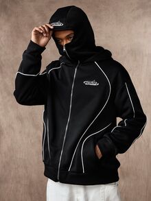 ROMWE MEN Street Life 男士字母圖案對比色拉鍊休閒日常連帽衛衣 - 黑色 - 查看 5