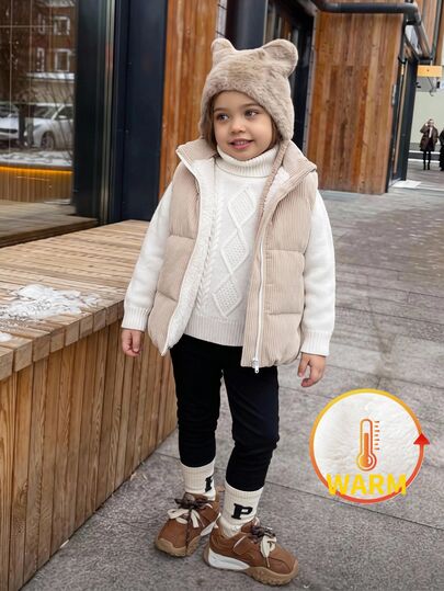LMoss Kids Baby Girl Woven Solid Color Stand Collar Sleeveless Padded Vest