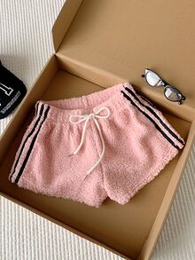 Comfortcana Women's Winter Comfortable Plush Striped Drawstring Waist Shorts - Pink - View 7