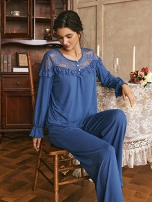Côtesoire Women's French Elegant Lace Patchwork Long Sleeve Long Pants Pajama Set - Teal Blue - View 4