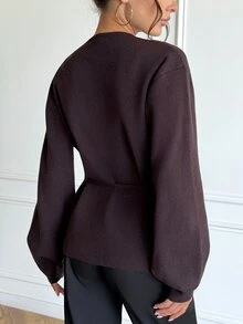 Aloruh Women's Solid Color Dropped Shoulder Long Sleeve Casual Knit Cardigan,New Fall Styles - Brown - View 3