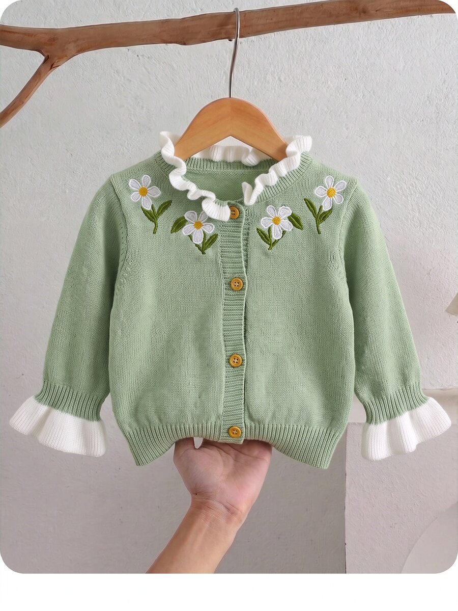 SHEIN 新生兒花卉刺繡圖案休閒日常毛衣 - 綠色 - 查看 1