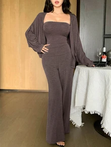 DAZY 女款 3 件組夏季棕色抹胸背心、披肩式開襟衫、直筒寬鬆休閒居家服套裝 - 棕色 - 查看 1