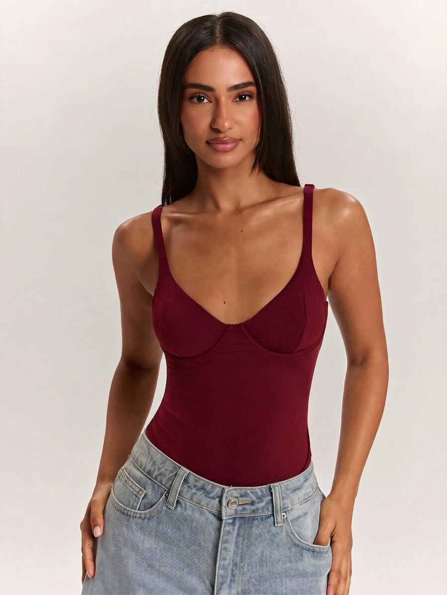 SHEIN BAE 女款純色休閒細肩帶背心 - 酒紅色 - 查看 1