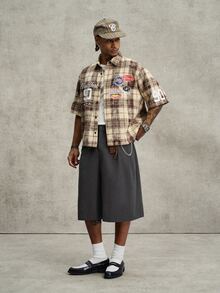 PAVTROS Men's Plus Size Letter Plaid Short Sleeve Single-Breasted Casual Shirt - Brown - View 4
