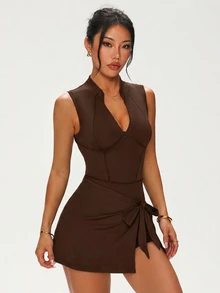 SHEIN Dewbera Women's Solid Color Casual Daily Travel Sports Dress - Brown - View 3