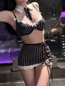 Dansine Sexy Black & White Striped Hollow Out Tie-Up Bodycon COS Secretary Uniform Set - Black - View 1