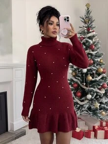 SHEIN Raffinéa Christmas Elegant Fitted High Neck Long Sleeve Rhinestone Embellished Waist-Cinching Ruffle Hem Burgundy Women Fall Winter Dress New Year Date Dinner - Burgundy - View 7