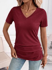 SHEIN Clasi 夏季優雅女款條紋印花居家通勤等多用途服飾 - 酒紅色 - 查看 3