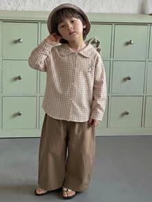Dazy Kids Young Boys Casual Plaid Long Sleeve Shirt + Straight Leg Pants Casual Shirt Set Fall - Apricot - View 3