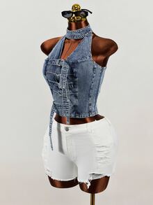 SHEIN Atasan Denim Wanita Model Halter Neck dengan Desain Gesper yang Dapat Diatur - Biru - View 6