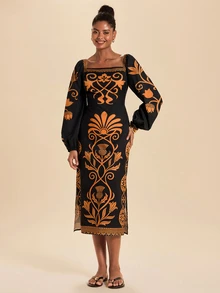 Travachic Women's Floral Print Square Neck Lantern Sleeve Elegant Midi Dress - Black and Yellow - View 5