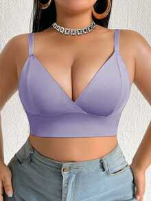 SHEIN Plus Size Women's Solid Color Casual Everyday Spaghetti Strap Bra - Purple - View 3