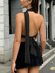 Cévolie 女款波點印花深V領性感掛脖背心上衣，適合早午餐與夜晚外出，黑白波點夏季款 - 黑色 - 查看 2
