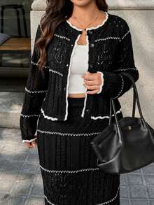 Vionelle Set Atasan Lengan Panjang Rajut Bergaris Berongga Gaya Liburan Lembut & Rok Maxi Bodycon Ekor Ikan Pinggang Tinggi - Hitam - View 3