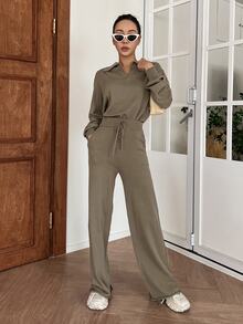 Livesso Petite Setelan Sweater Lengan Panjang Berkerah Warna Polos dan Celana Rajut dengan Ikat Pinggang untuk Wanita - Coklat - View 7