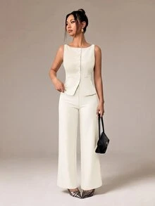 SHEIN PETITE 女款純色圓領單排扣背心與長褲優雅通勤套裝，夏秋服飾套組，辦公室穿著商務休閒兩件式 - 米色 - 查看 7