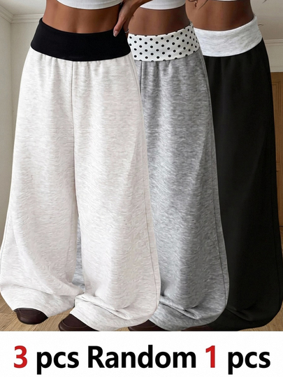 SHEIN Kids Tween Girl Knit Solid Color Patchwork Polka Dot Loose Straight Leg Casual Pants Fall Clothes