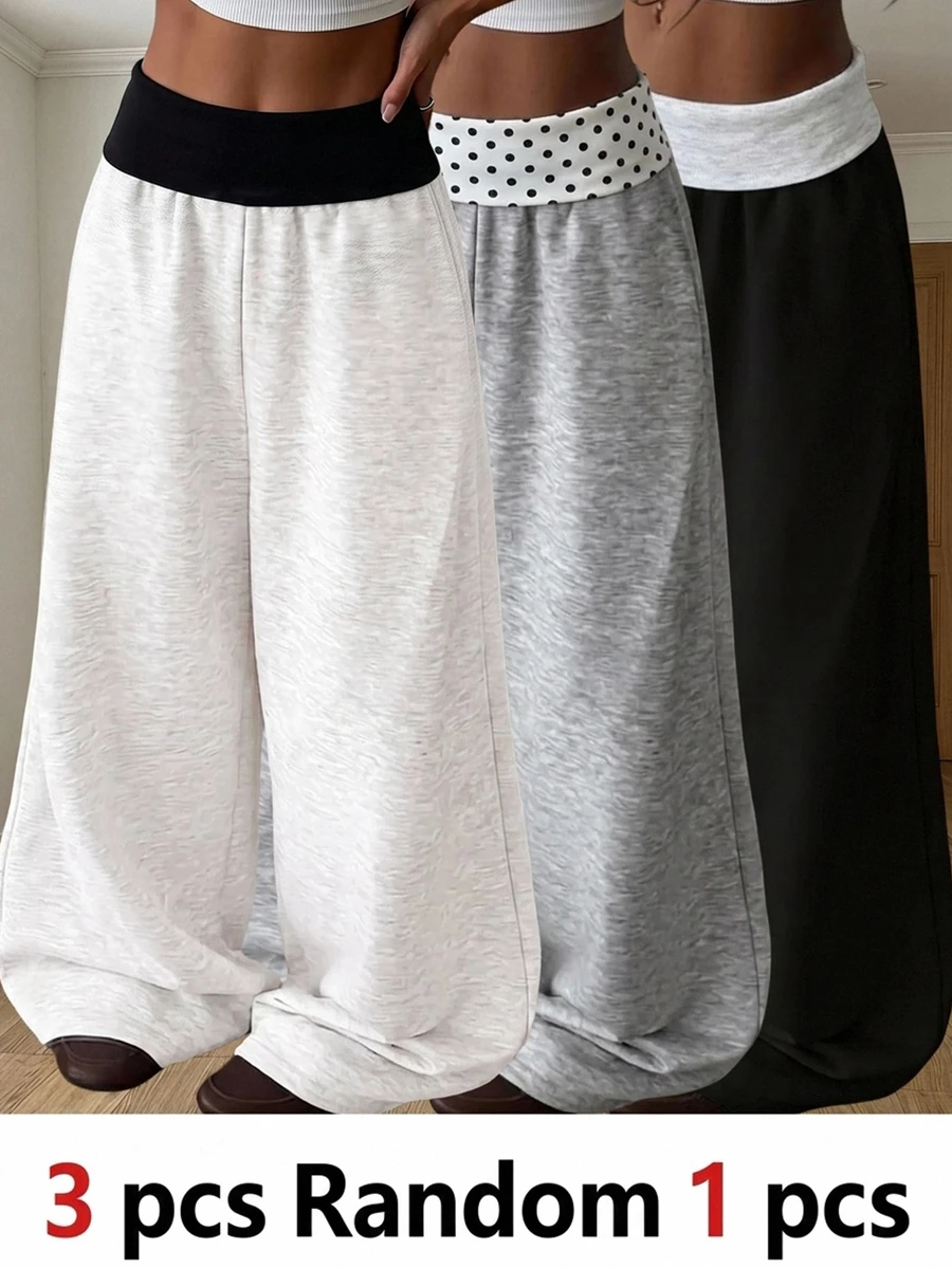SHEIN Kids Tween Girl Knit Solid Color Patchwork Polka Dot Loose Straight Leg Casual Pants Fall Clothes - Grey - View 1