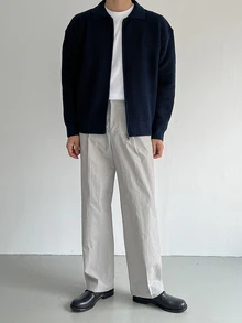 DAZY Áo cardigan len dệt vân cổ bẻ phong cách Hàn Quốc cho nam, thời trang công sở xuân/thu - Màu xanh hải quân - Xem 1
