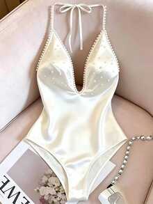 Resyla Plus Size Sweet Fashion Halter Neck Tie-Up Bodysuit With Bead Decoration - White - View 1