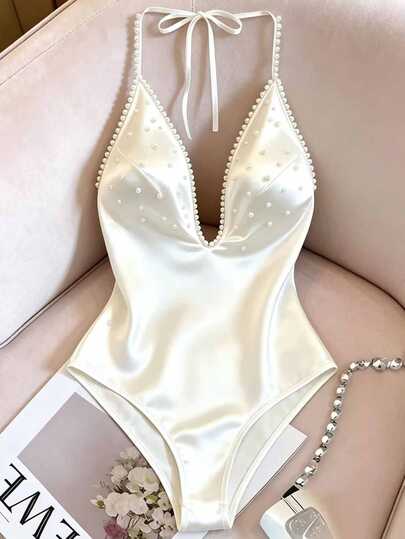 Resyla Plus Size Sweet Fashion Halter Neck Tie-Up Bodysuit With Bead Decoration